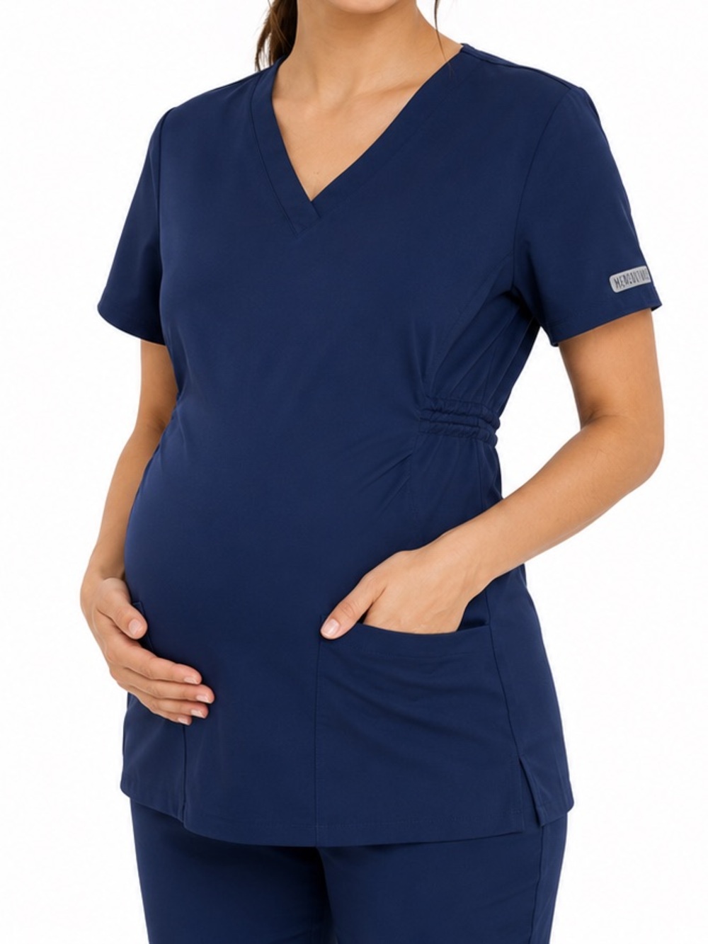 MedCouture Maternity Scrub Top Navy Large Stretch V-Neck Pockets